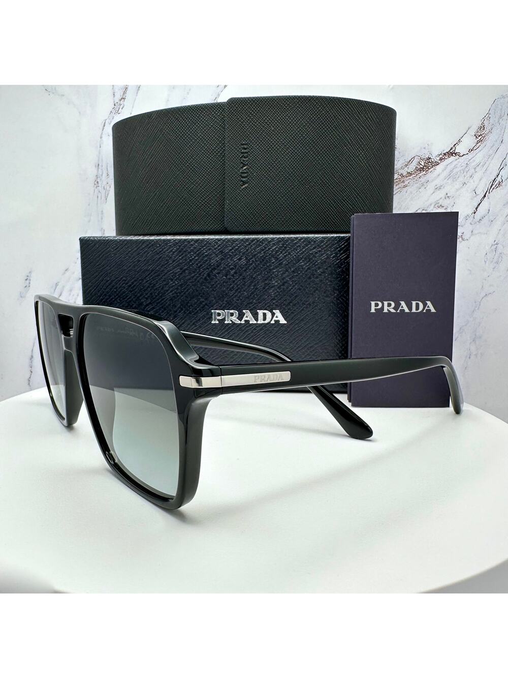 NEW PRADA Sunglasses Black Aviator Pilot 55-17mm Grey Lens Silver Logo